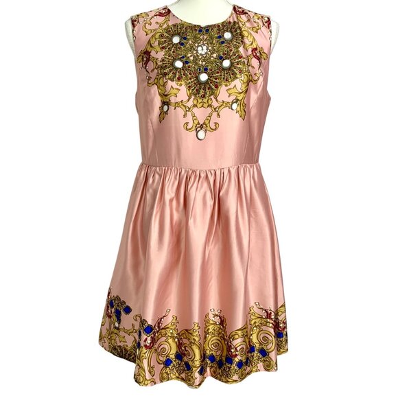 Joe Fresh Fit & Flare Pink Satin Cocktail Dress Size 8 Gold Blue Baroque Design - Picture 2 of 12